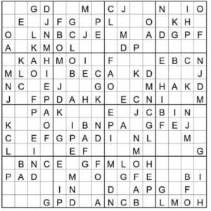 16×16 Sudoku puzzle grid with letters